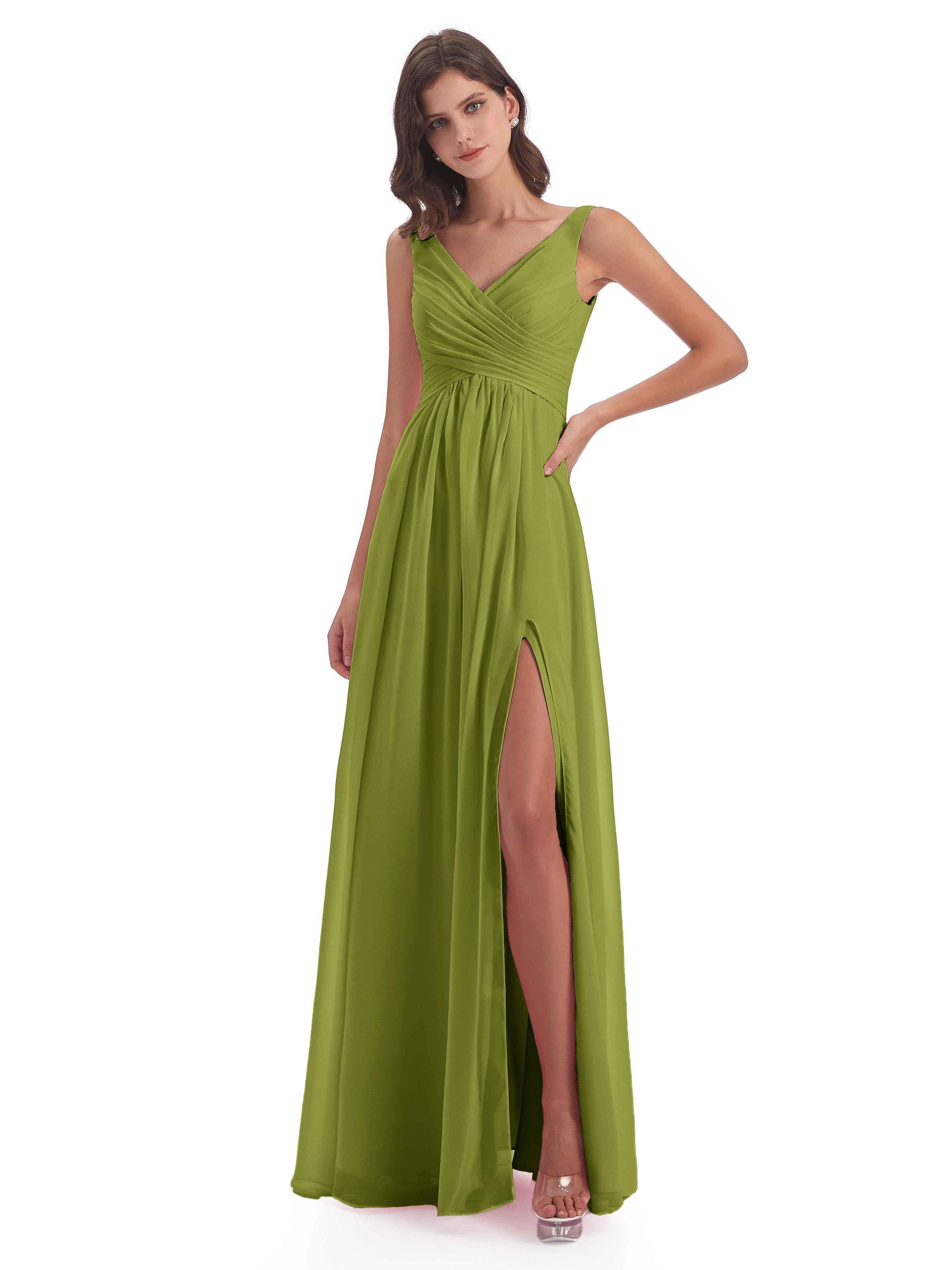 Jurnee Floor Length V-neck Ruched Chiffon Bridesmaid Dresses