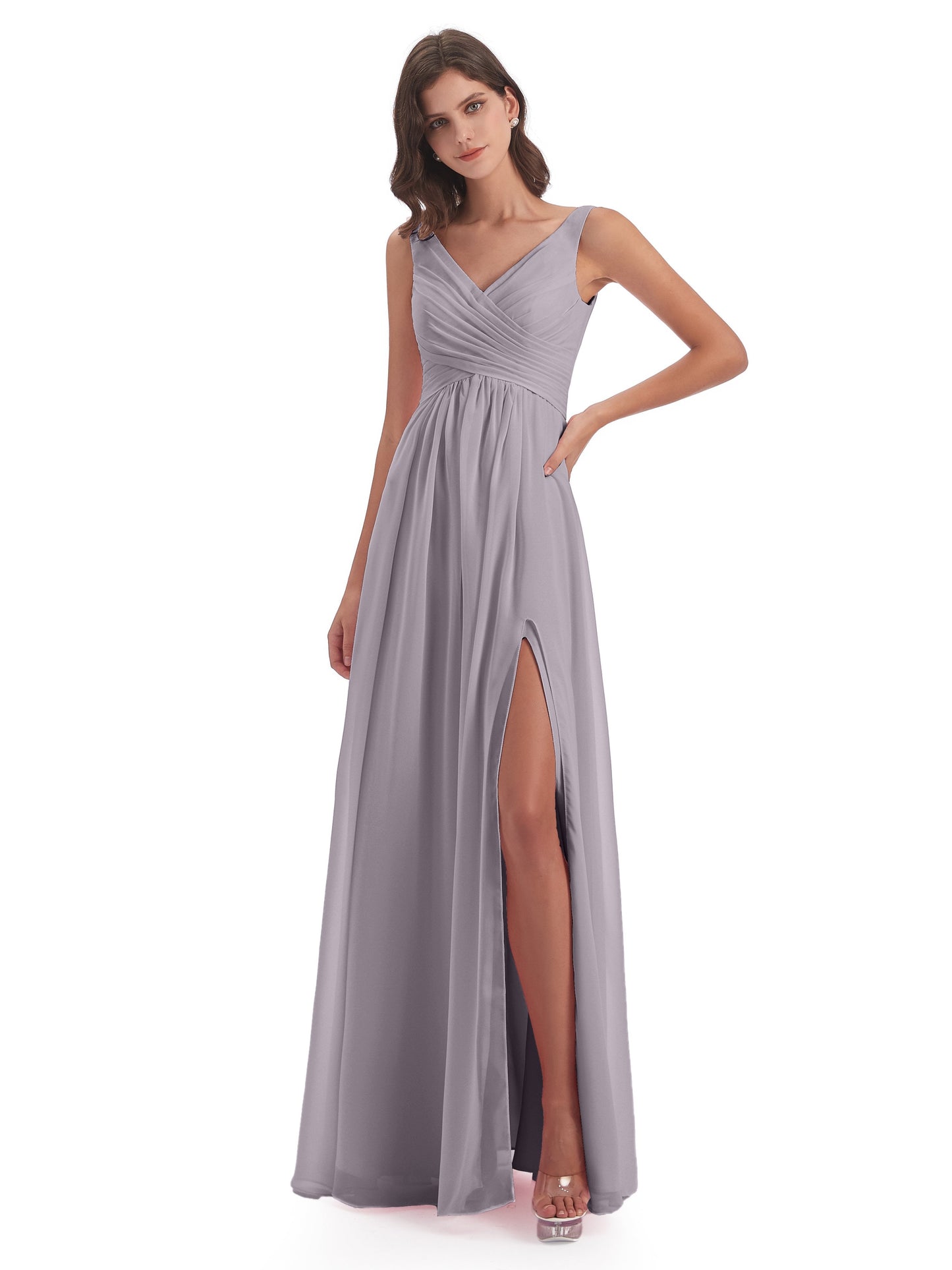 Jurnee Floor Length V-neck Ruched Chiffon Bridesmaid Dresses