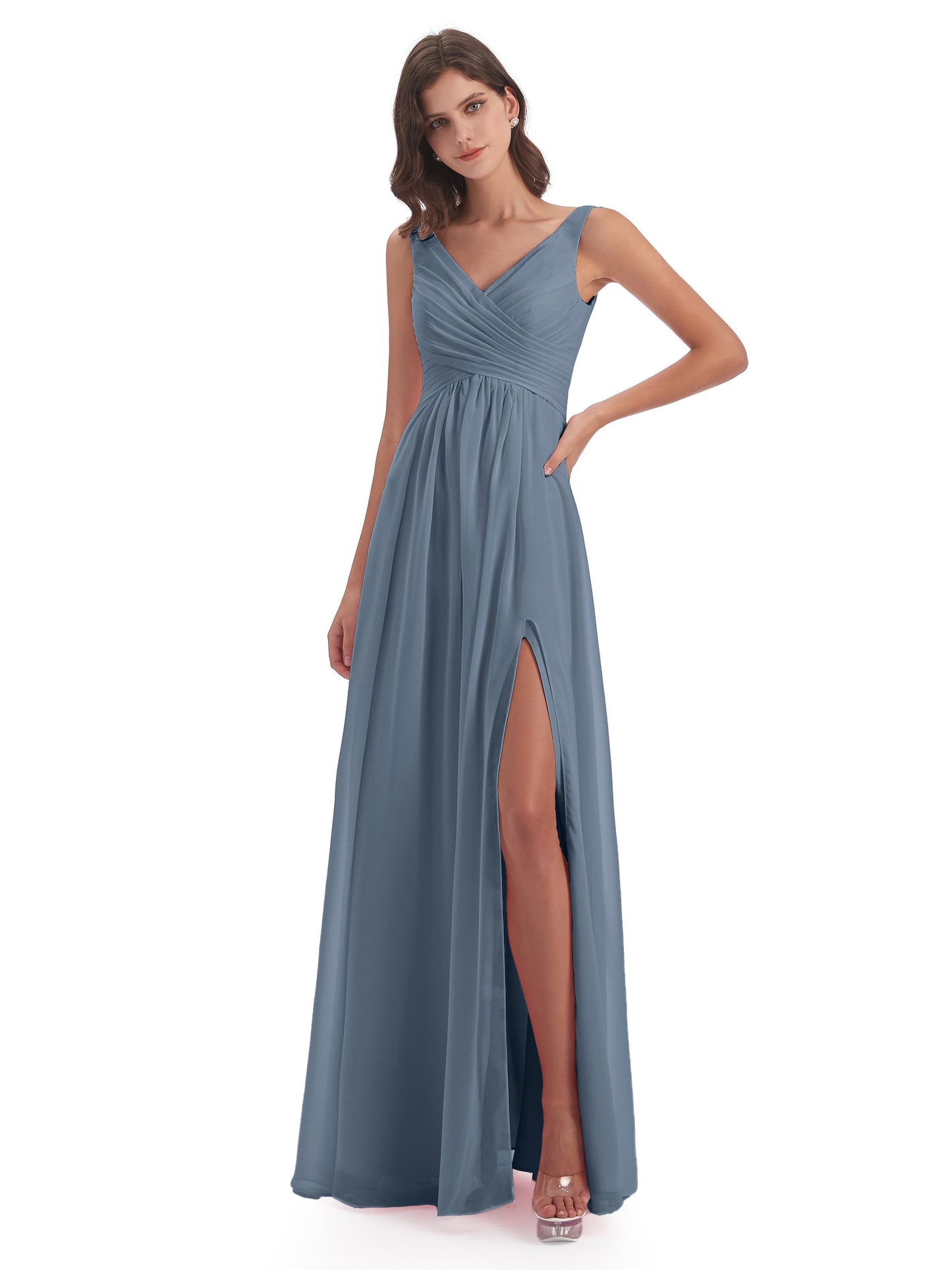 Jurnee Floor Length V-neck Ruched Chiffon Bridesmaid Dresses