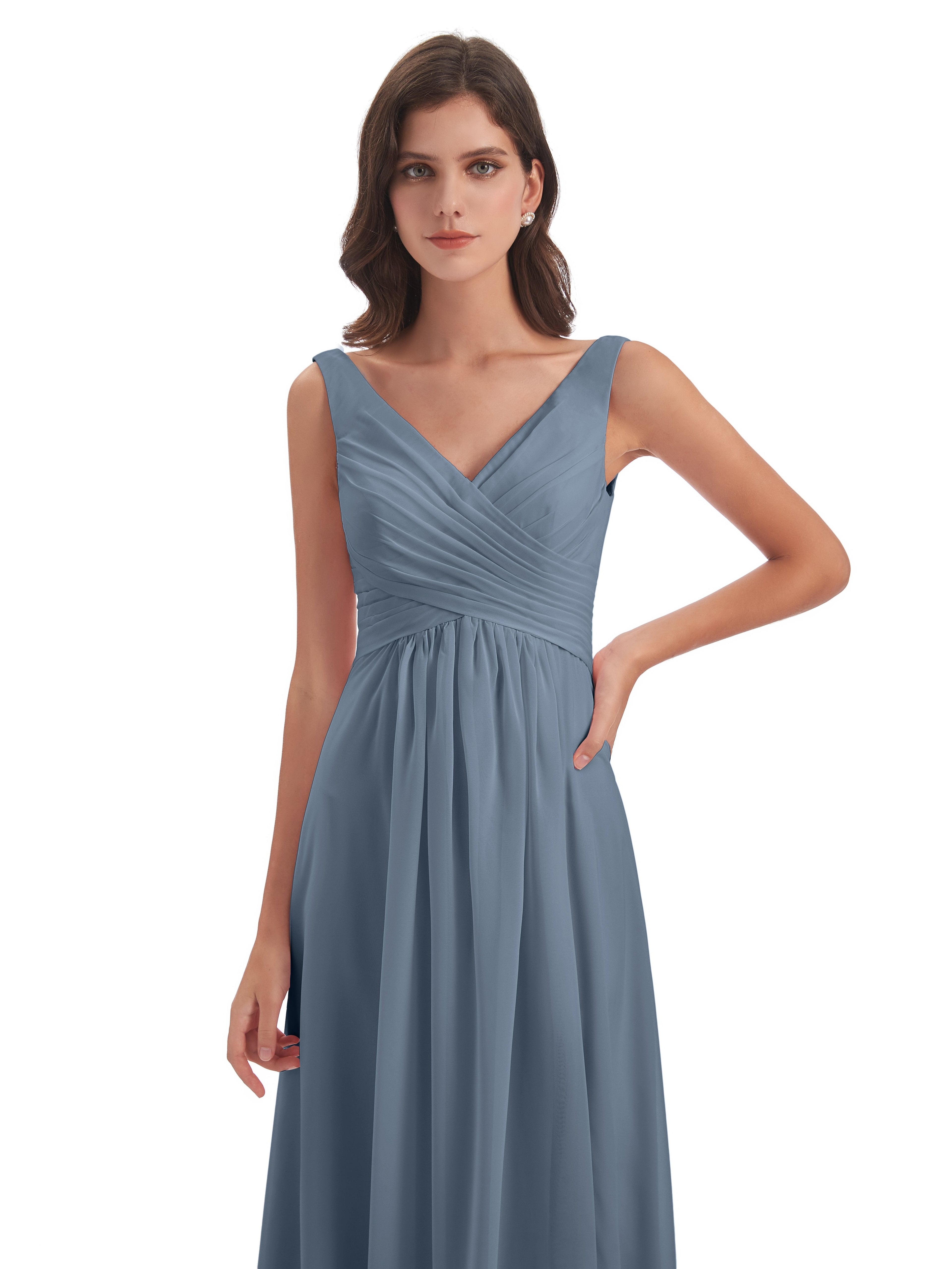 Jurnee Floor Length V-neck Ruched Chiffon Bridesmaid Dresses