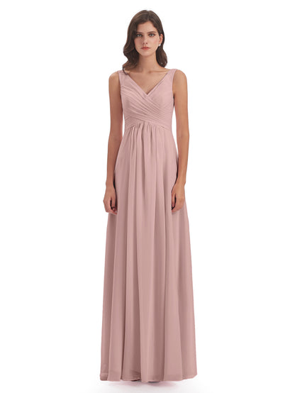 Jurnee Floor Length V-neck Ruched Chiffon Bridesmaid Dresses