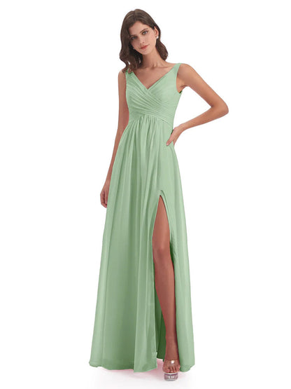 Jurnee Floor Length V-neck Ruched Chiffon Bridesmaid Dresses