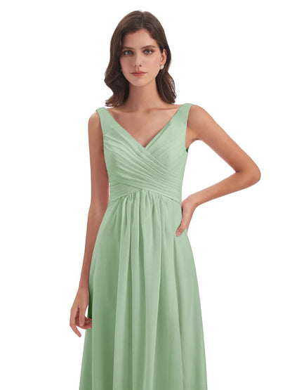 Jurnee Floor Length V-neck Ruched Chiffon Bridesmaid Dresses