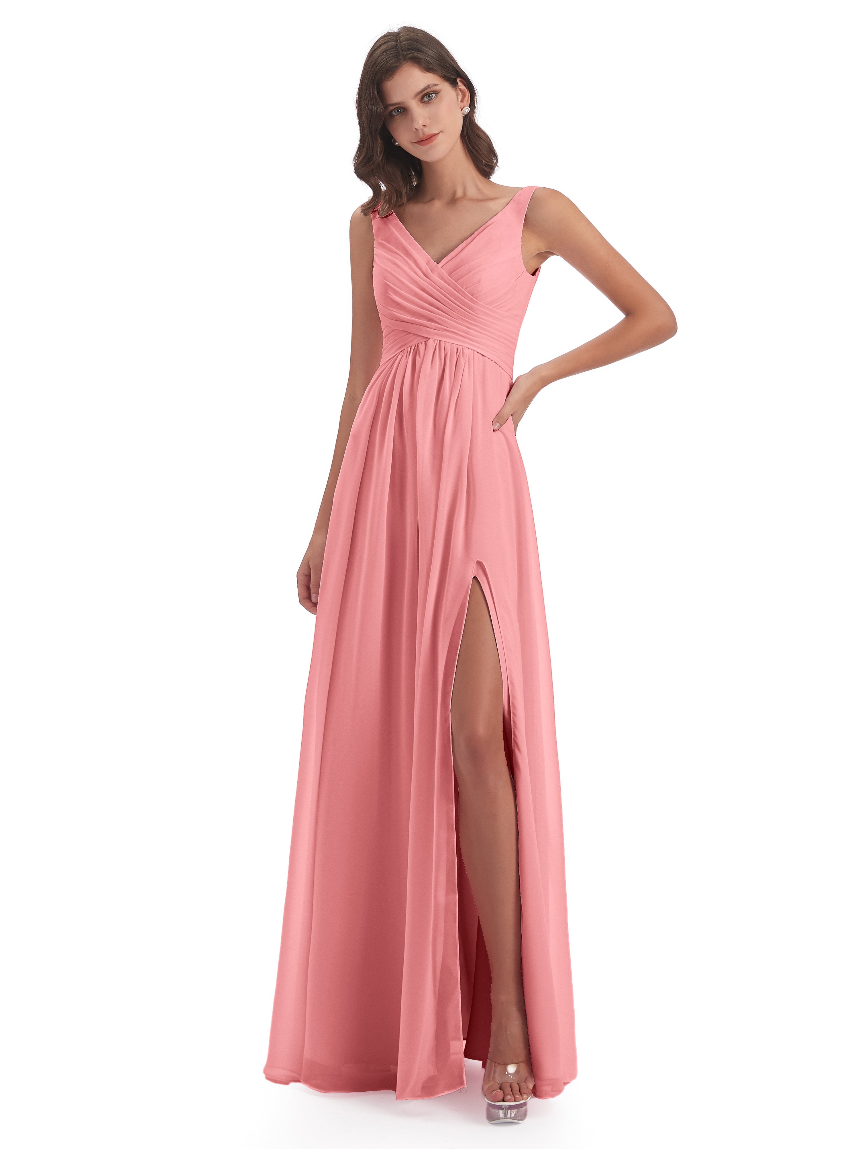 Jurnee Floor Length V-neck Ruched Chiffon Bridesmaid Dresses