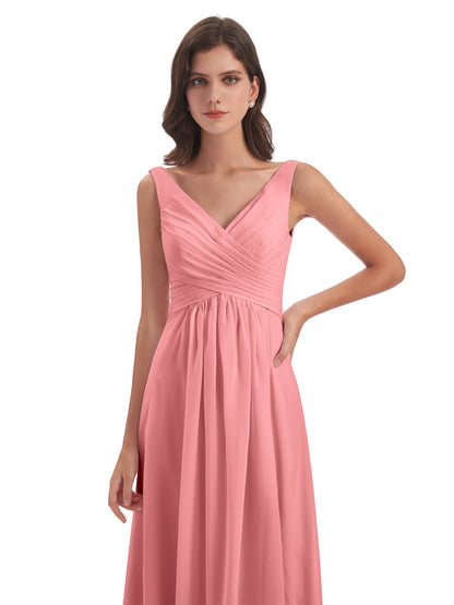 Jurnee Floor Length V-neck Ruched Chiffon Bridesmaid Dresses