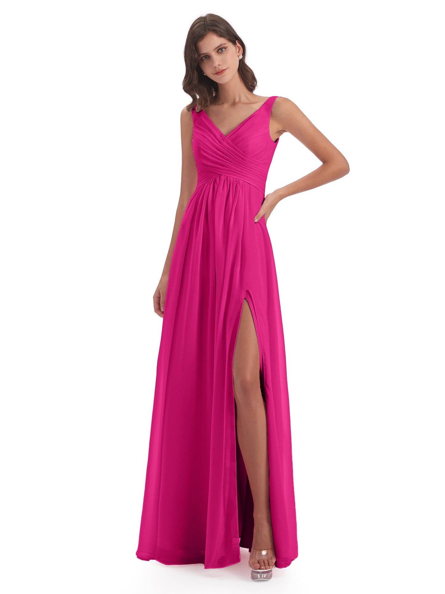 Jurnee Floor Length V-neck Ruched Chiffon Bridesmaid Dresses