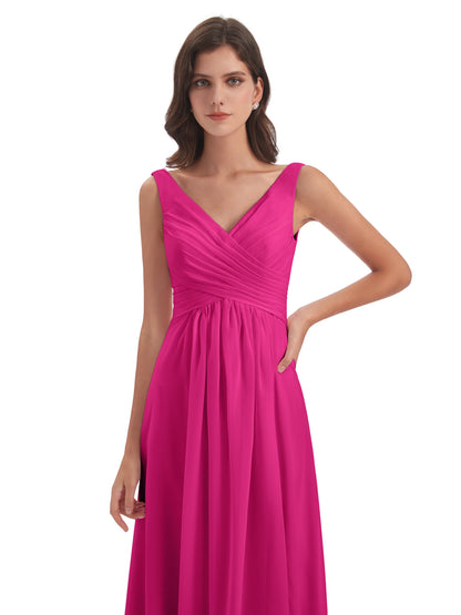Jurnee Floor Length V-neck Ruched Chiffon Bridesmaid Dresses