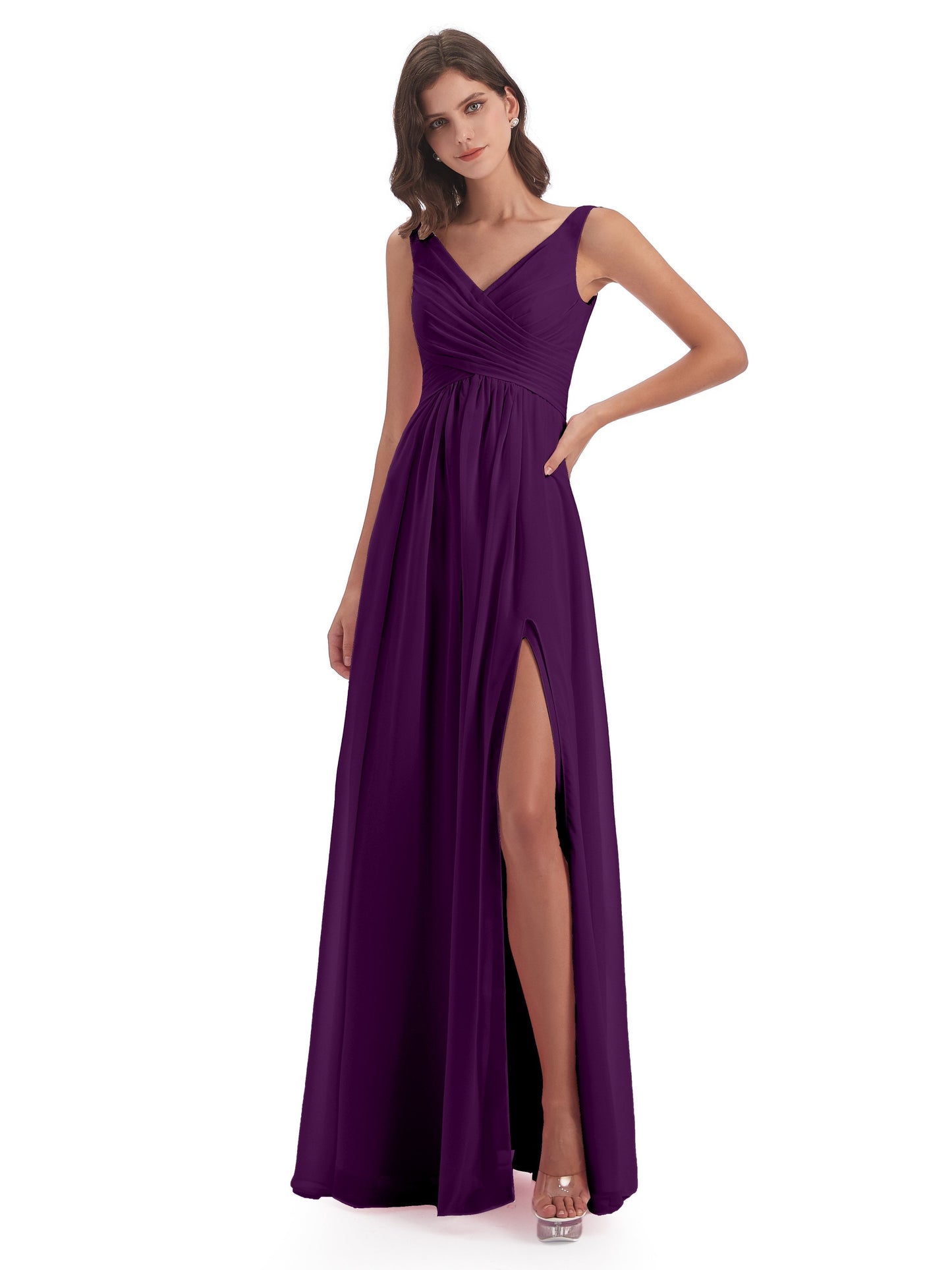 Jurnee Floor Length V-neck Ruched Chiffon Bridesmaid Dresses