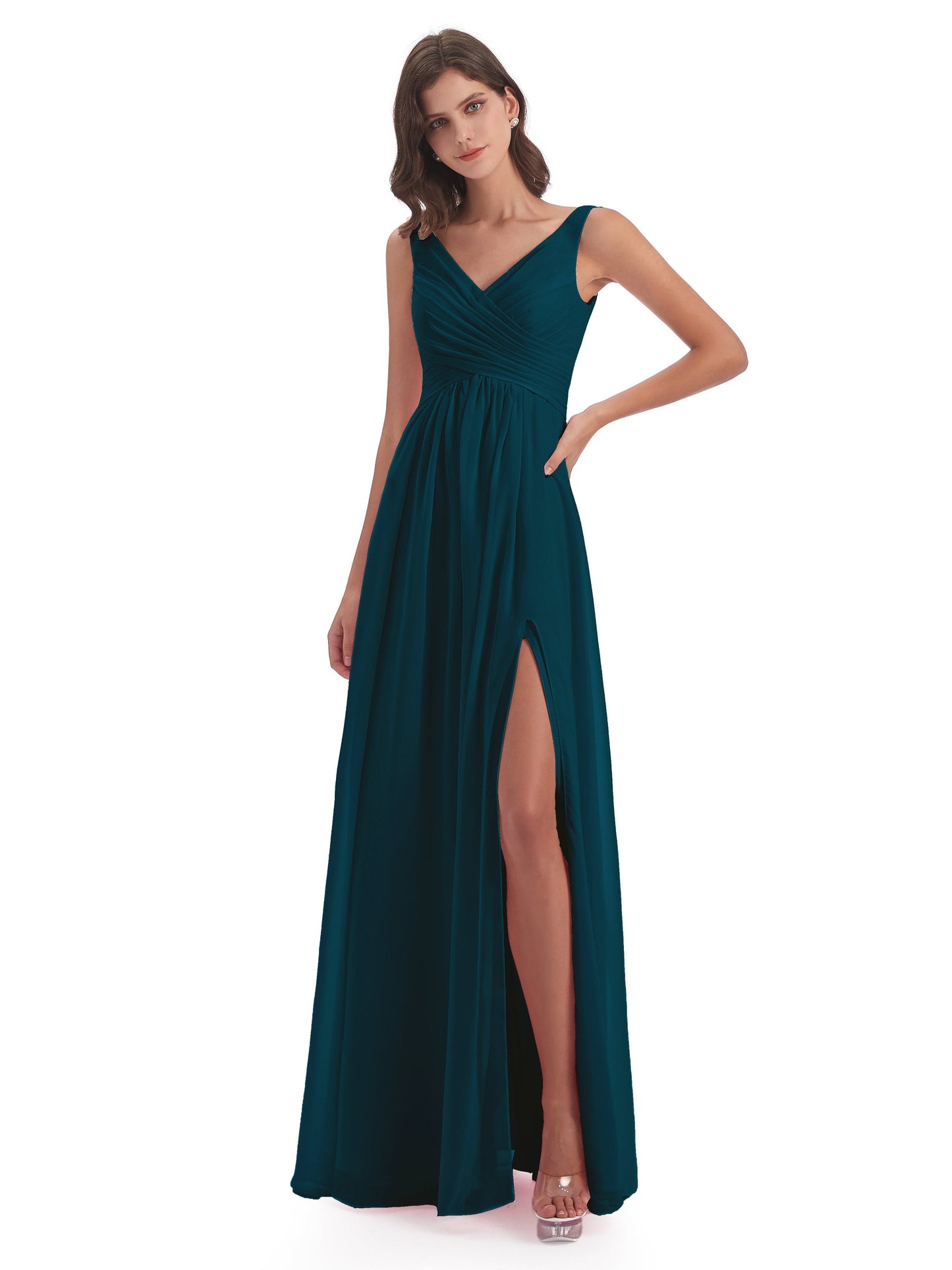 Jurnee Floor Length V-neck Ruched Chiffon Bridesmaid Dresses