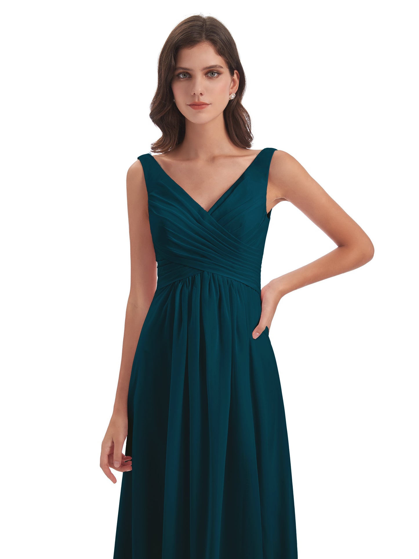 Jurnee Floor Length V-neck Ruched Chiffon Bridesmaid Dresses