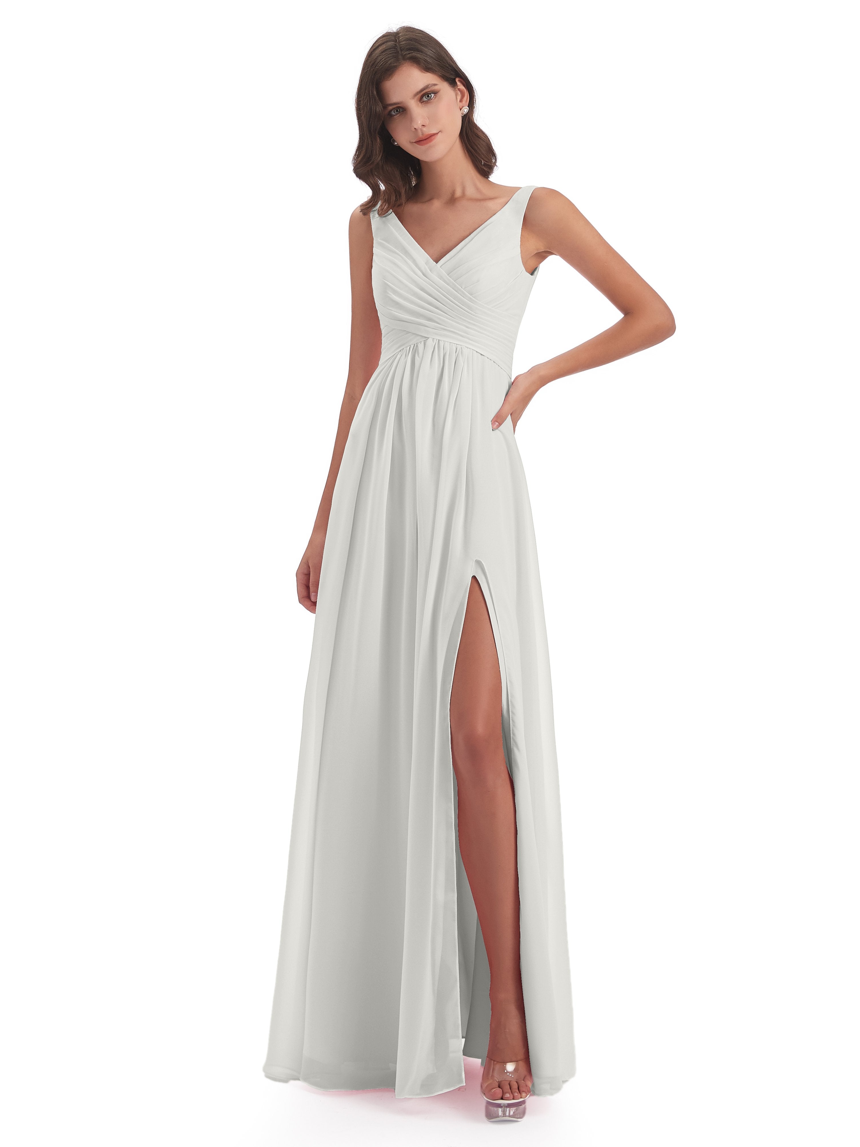 Jurnee Floor Length V-neck Ruched Chiffon Bridesmaid Dresses