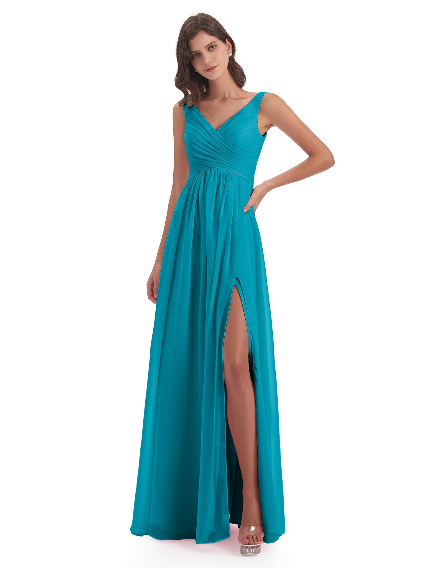 Jurnee Floor Length V-neck Ruched Chiffon Bridesmaid Dresses