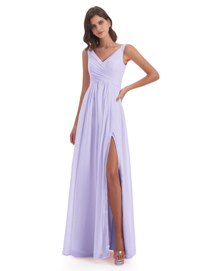 Jurnee Floor Length V-neck Ruched Chiffon Bridesmaid Dresses