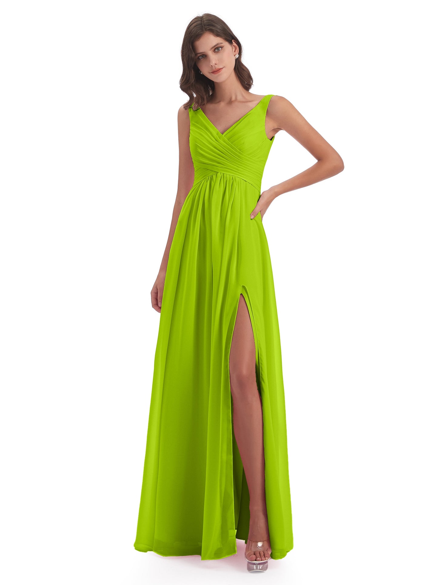 Jurnee Floor Length V-neck Ruched Chiffon Bridesmaid Dresses