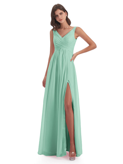 Jurnee Floor Length V-neck Ruched Chiffon Bridesmaid Dresses