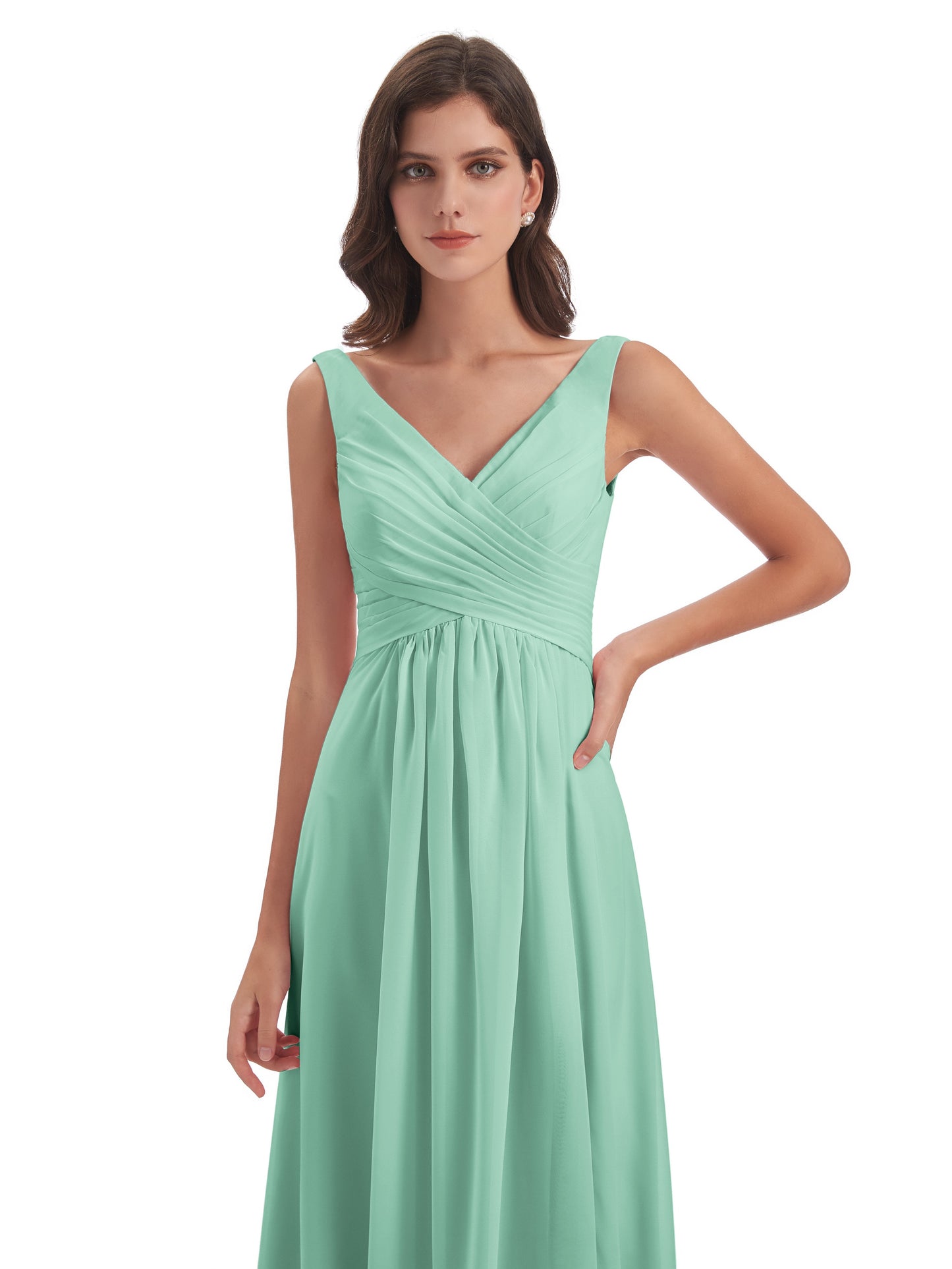 Jurnee Floor Length V-neck Ruched Chiffon Bridesmaid Dresses