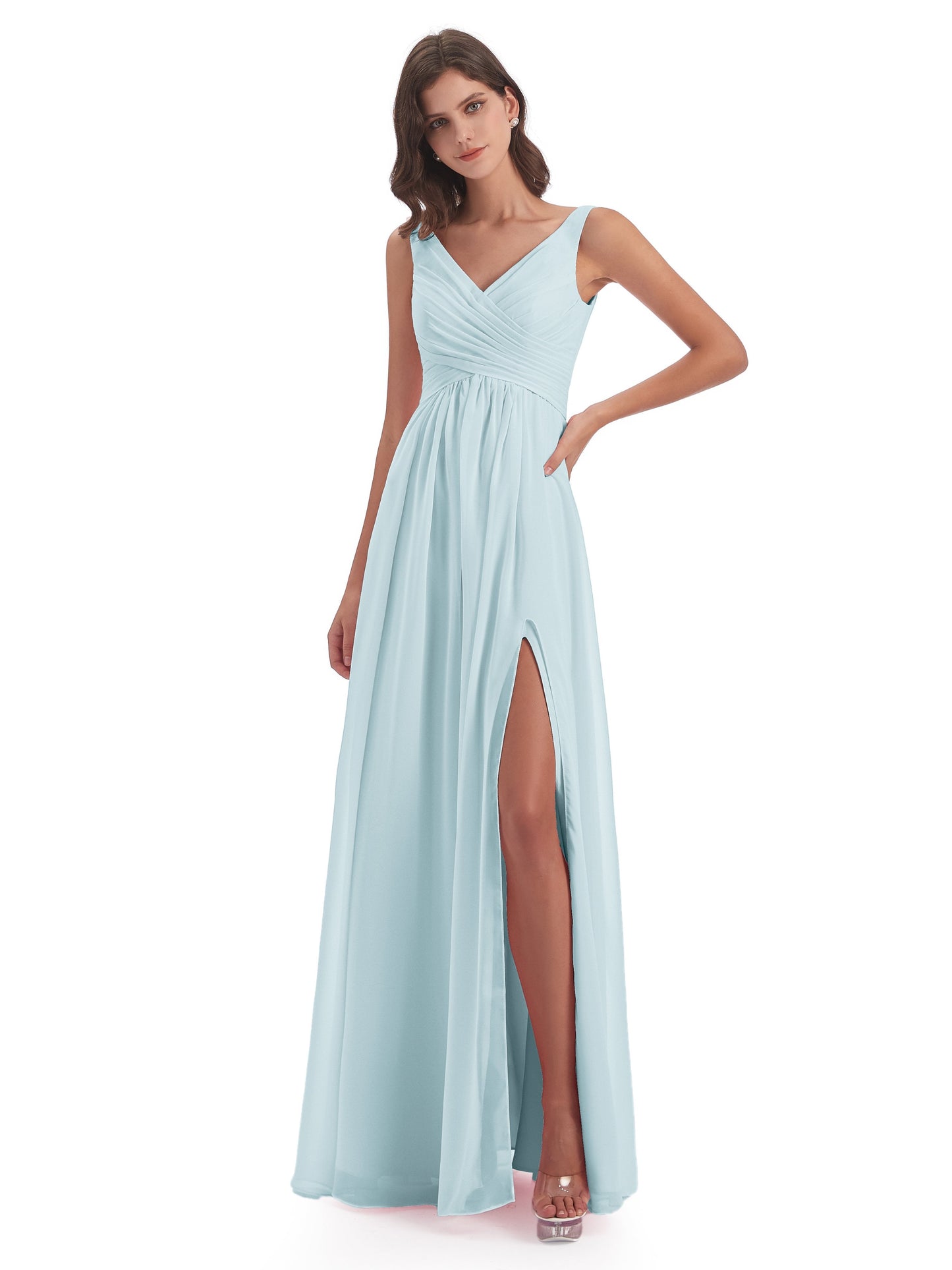 Jurnee Floor Length V-neck Ruched Chiffon Bridesmaid Dresses