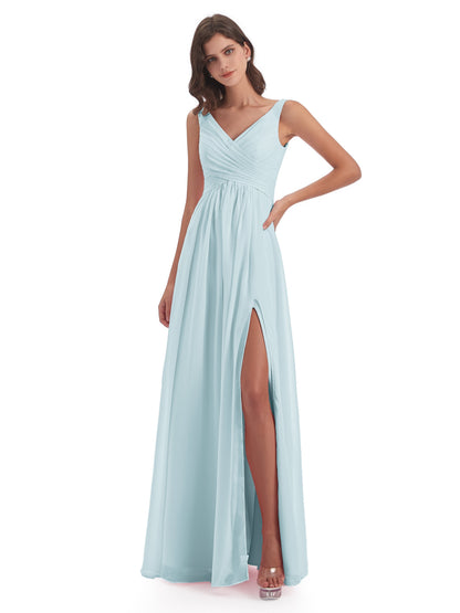 Jurnee Floor Length V-neck Ruched Chiffon Bridesmaid Dresses