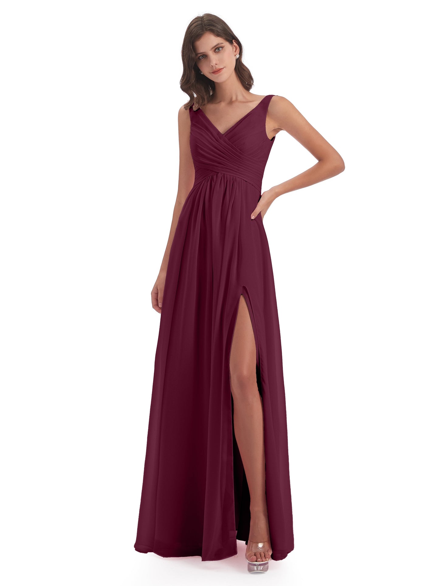 Jurnee Floor Length V-neck Ruched Chiffon Bridesmaid Dresses
