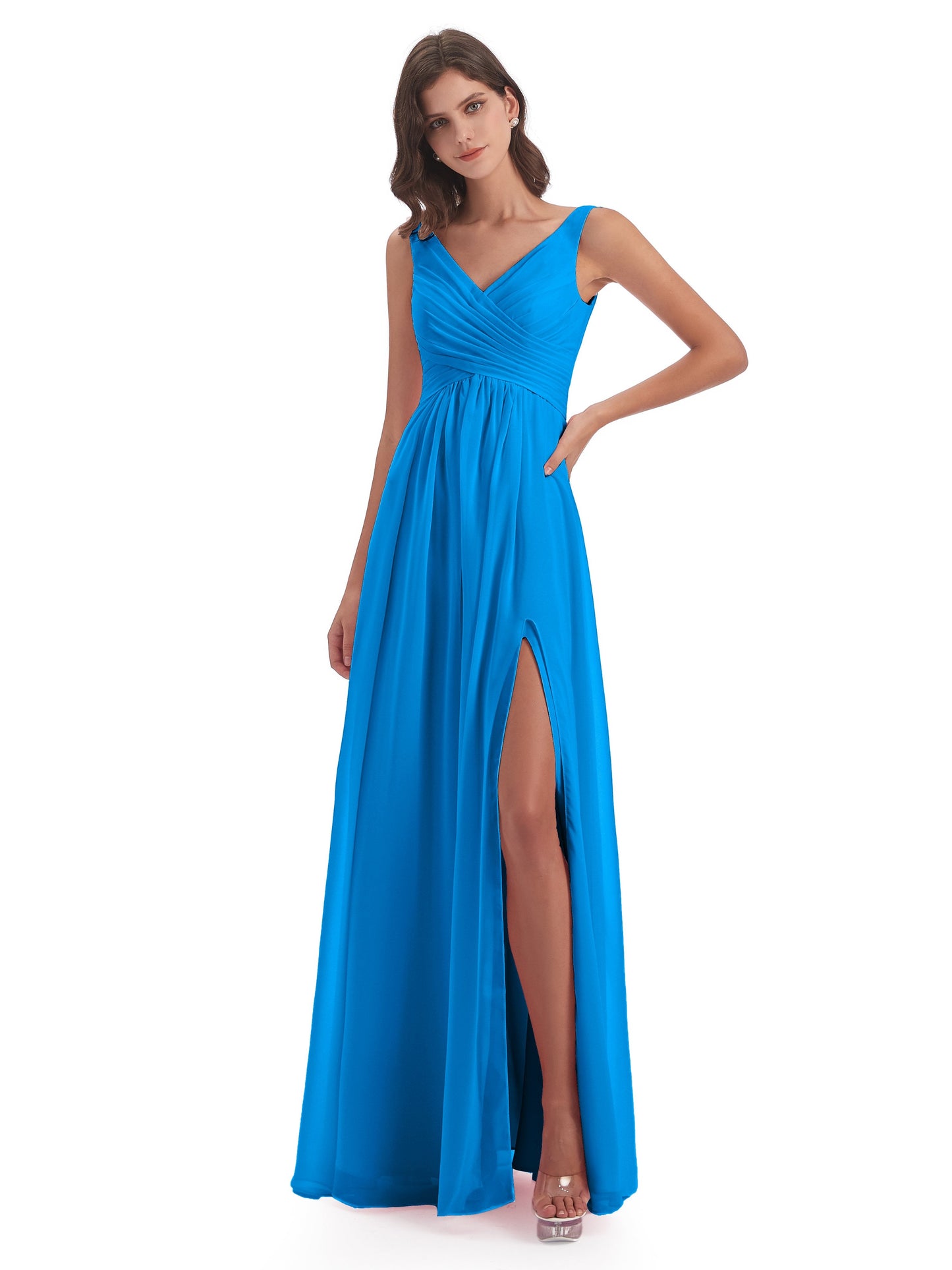Jurnee Floor Length V-neck Ruched Chiffon Bridesmaid Dresses