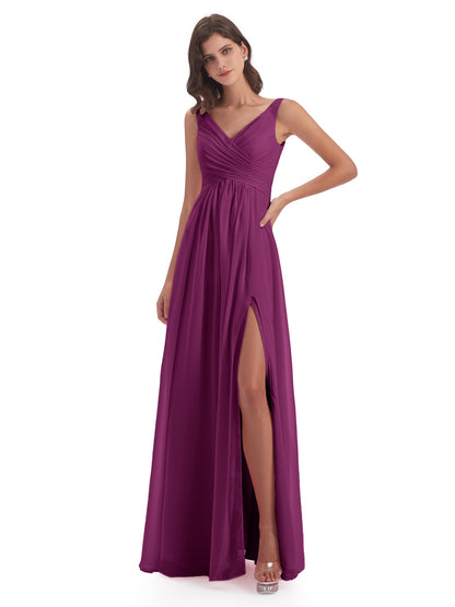 Jurnee Floor Length V-neck Ruched Chiffon Bridesmaid Dresses