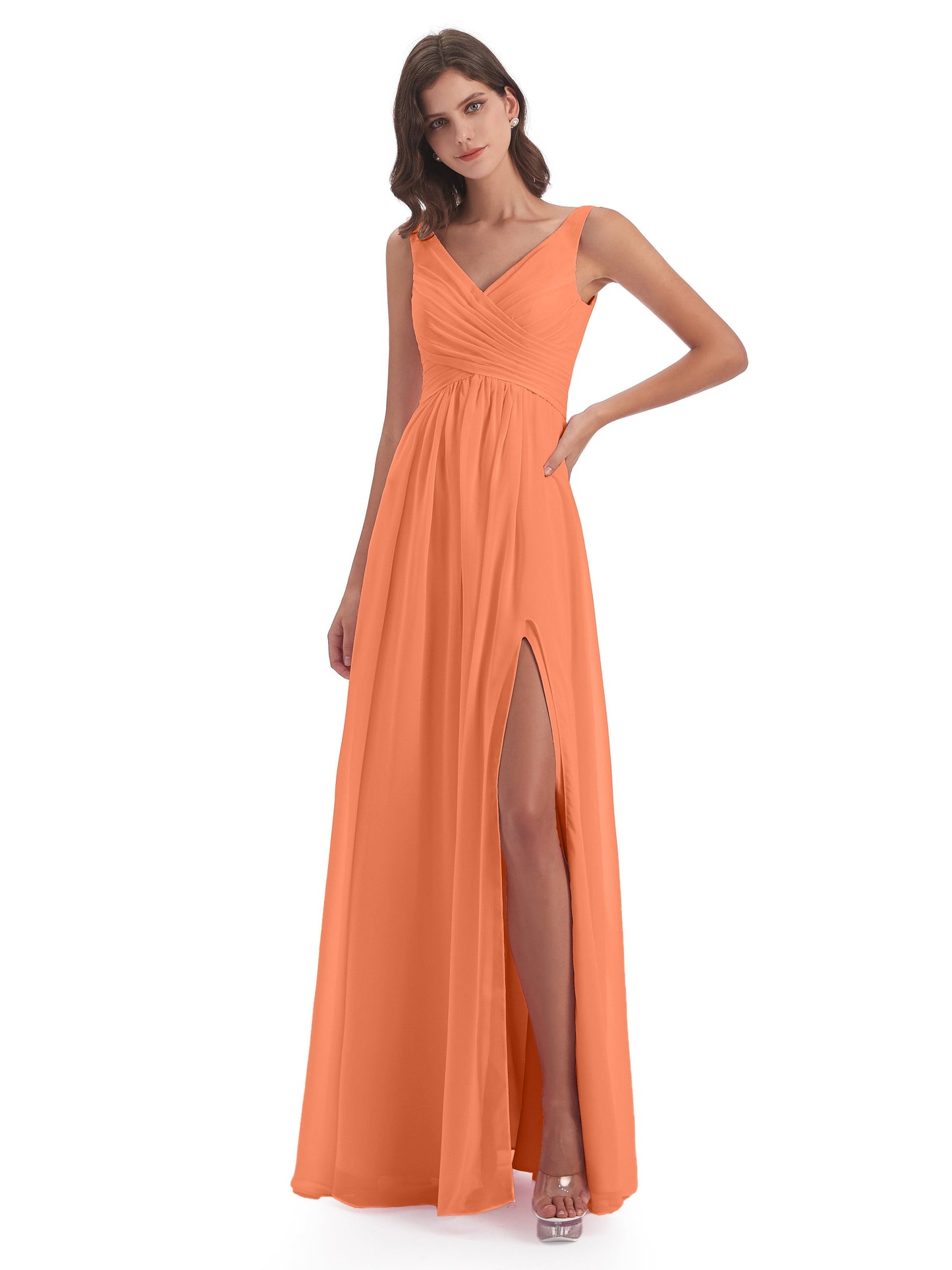 Jurnee Floor Length V-neck Ruched Chiffon Bridesmaid Dresses