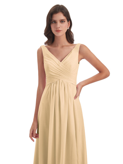 Jurnee Floor Length V-neck Ruched Chiffon Bridesmaid Dresses