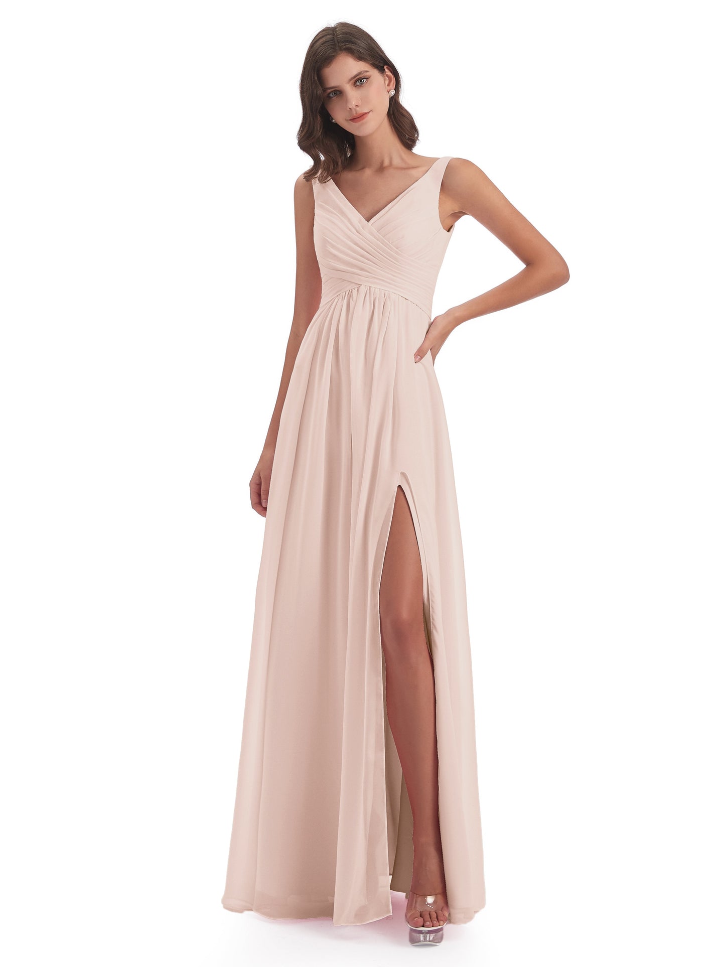 Jurnee Floor Length V-neck Ruched Chiffon Bridesmaid Dresses