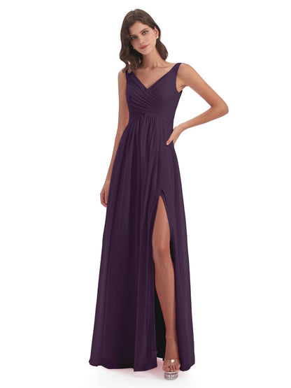 Jurnee Floor Length V-neck Ruched Chiffon Bridesmaid Dresses