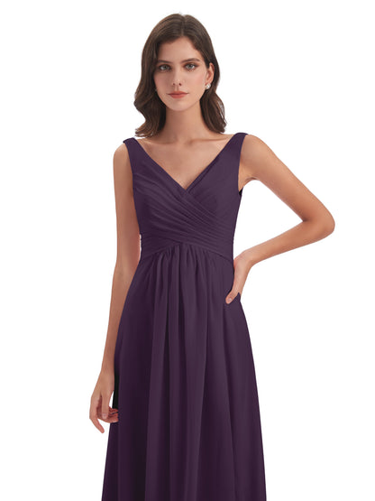 Jurnee Floor Length V-neck Ruched Chiffon Bridesmaid Dresses