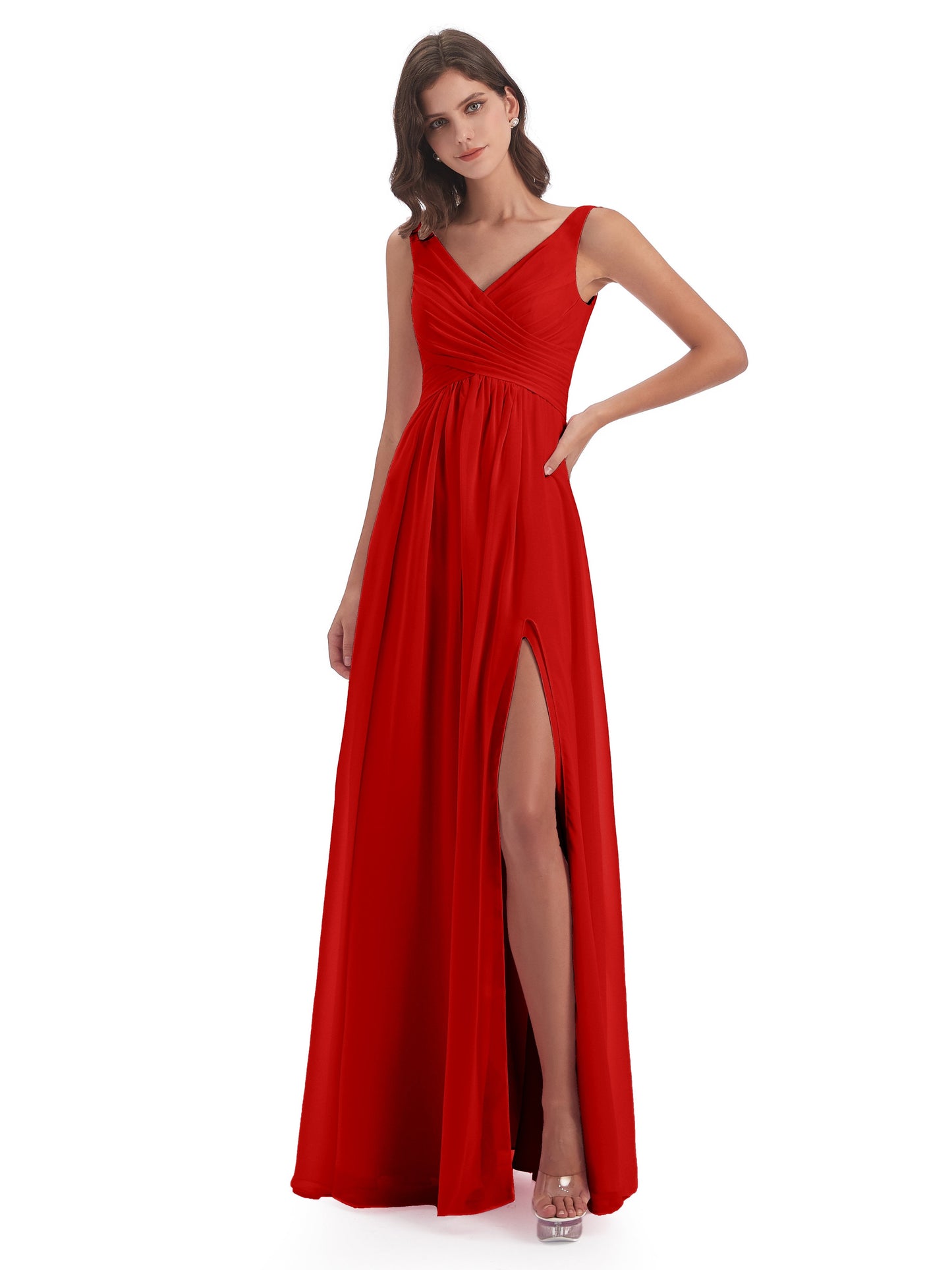 Jurnee Floor Length V-neck Ruched Chiffon Bridesmaid Dresses