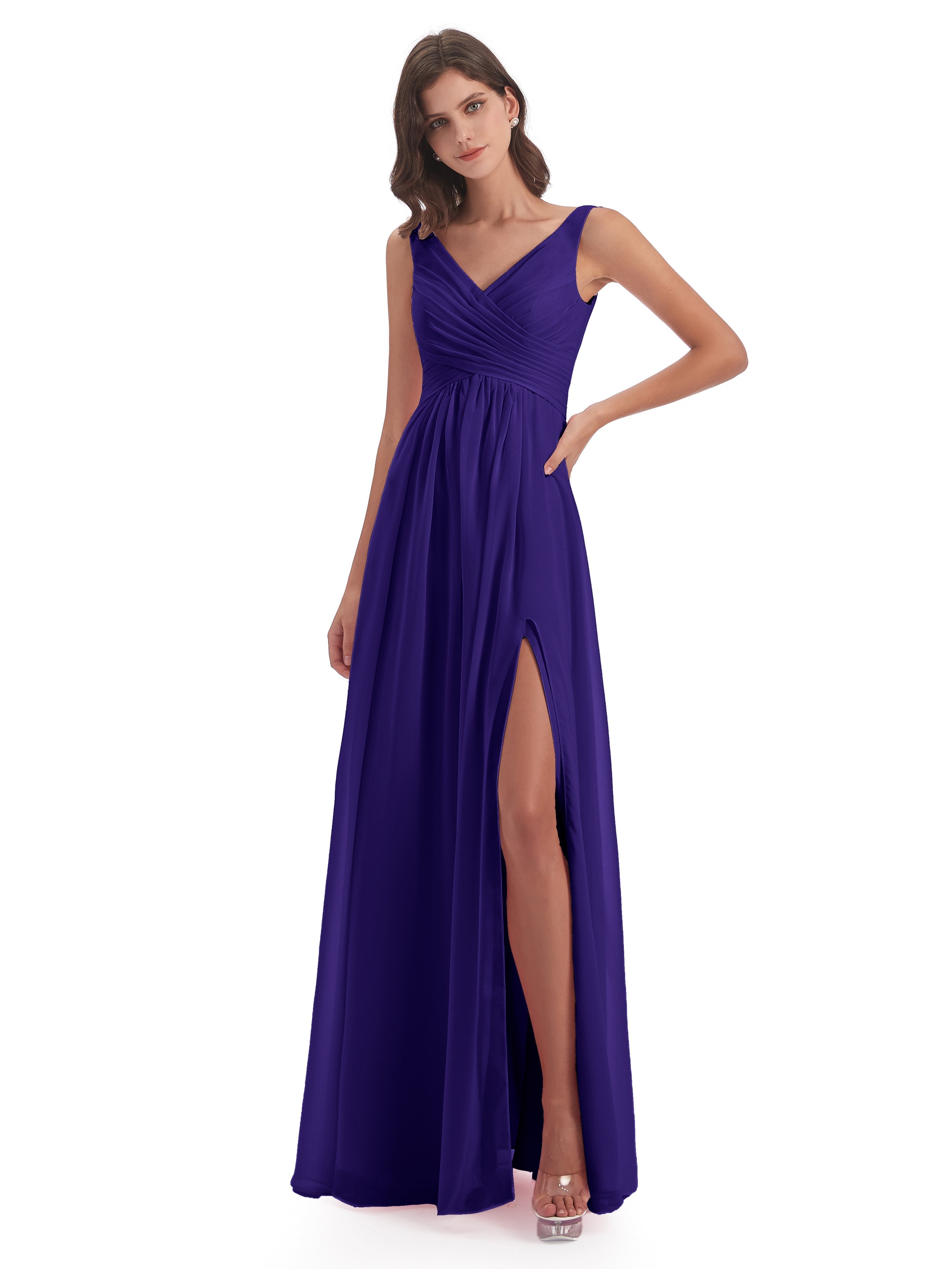 Jurnee Floor Length V-neck Ruched Chiffon Bridesmaid Dresses