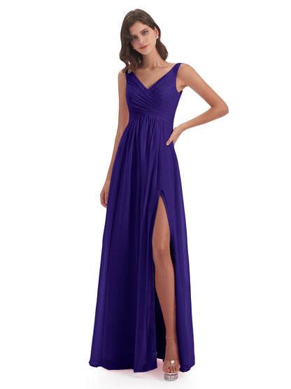 Jurnee Floor Length V-neck Ruched Chiffon Bridesmaid Dresses