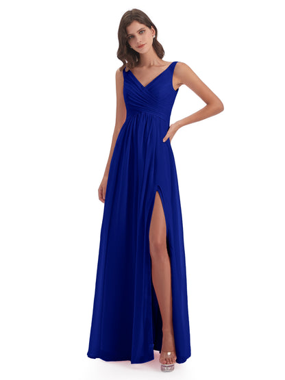 Jurnee Floor Length V-neck Ruched Chiffon Bridesmaid Dresses