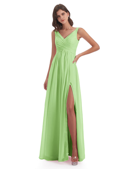 Jurnee Floor Length V-neck Ruched Chiffon Bridesmaid Dresses