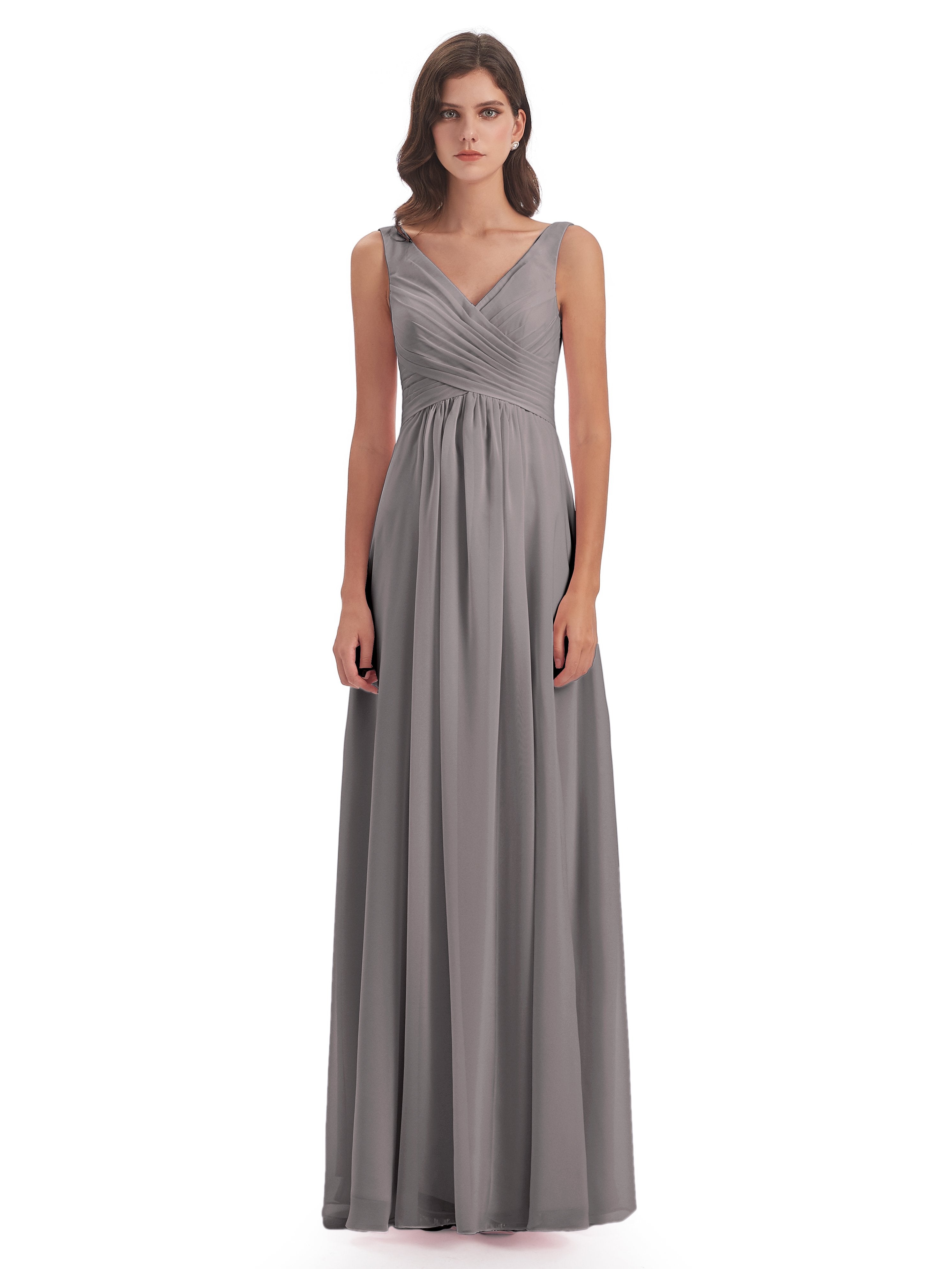 Jurnee Floor Length V-neck Ruched Chiffon Bridesmaid Dresses