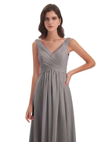 Jurnee Floor Length V-neck Ruched Chiffon Bridesmaid Dresses
