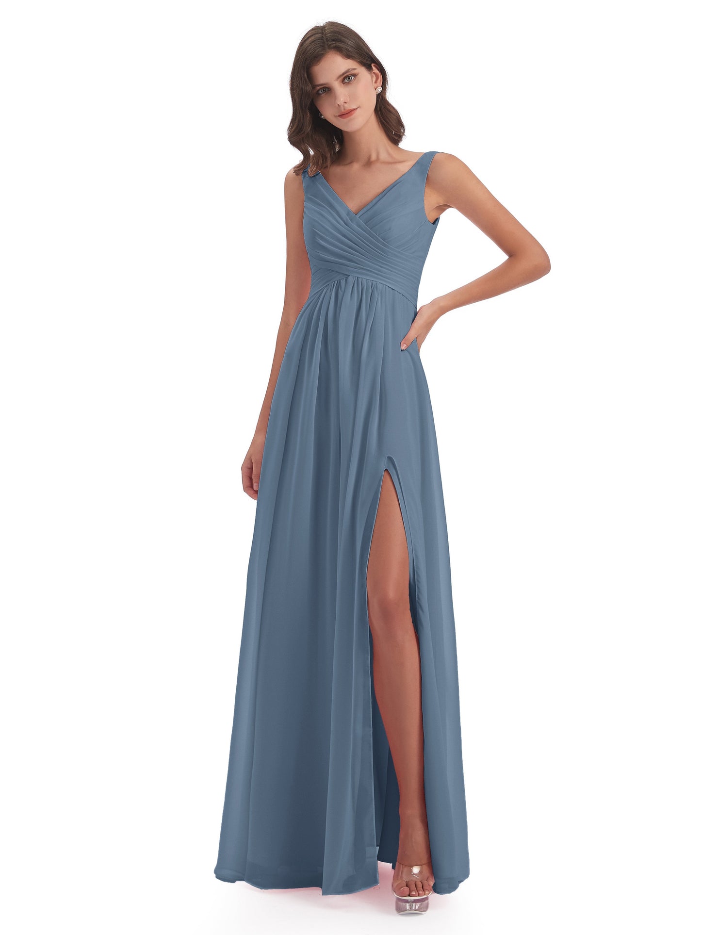 Jurnee Floor Length V-neck Ruched Chiffon Bridesmaid Dresses