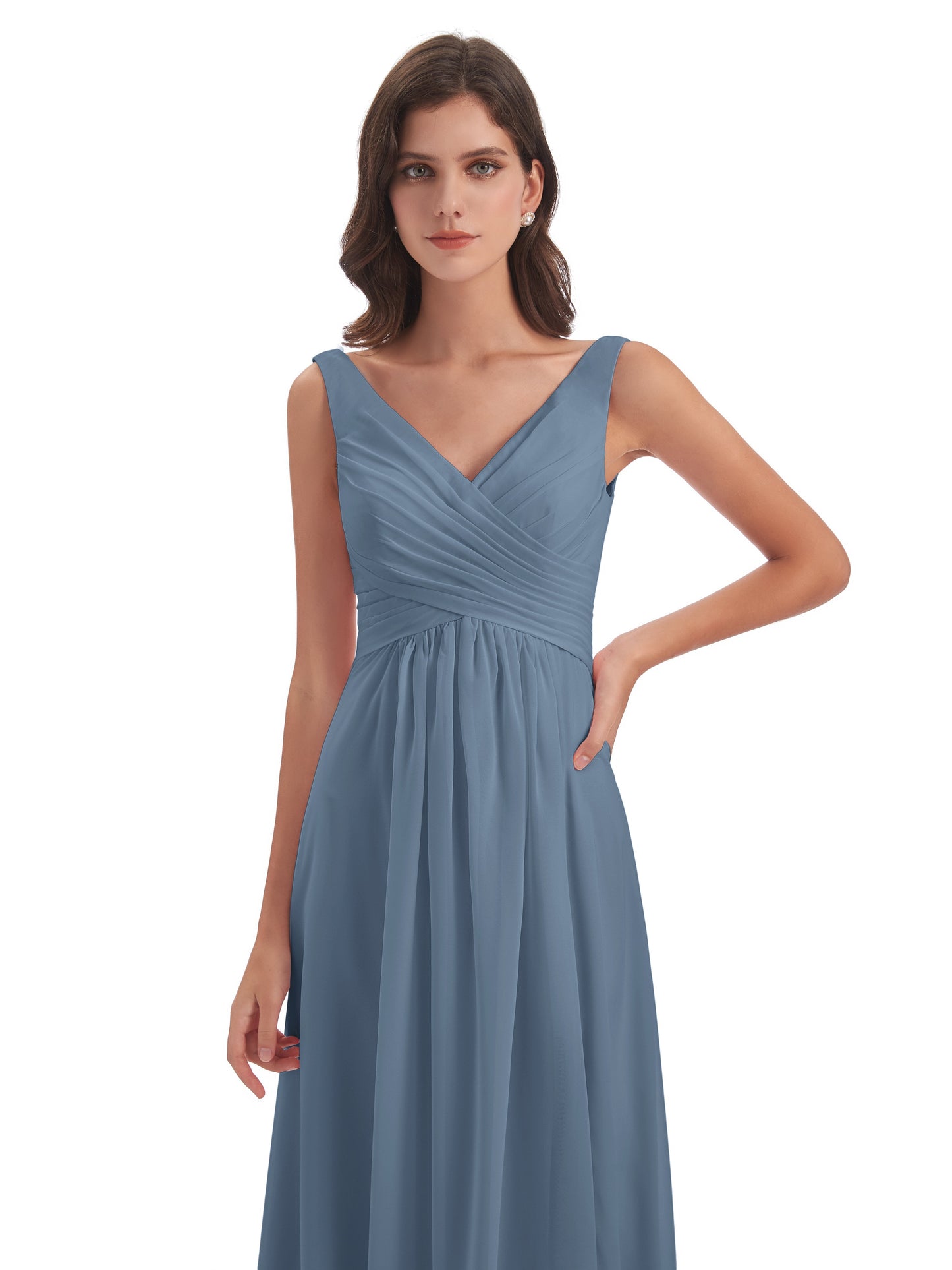 Jurnee Floor Length V-neck Ruched Chiffon Bridesmaid Dresses