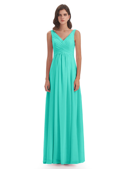 Jurnee Floor Length V-neck Ruched Chiffon Bridesmaid Dresses