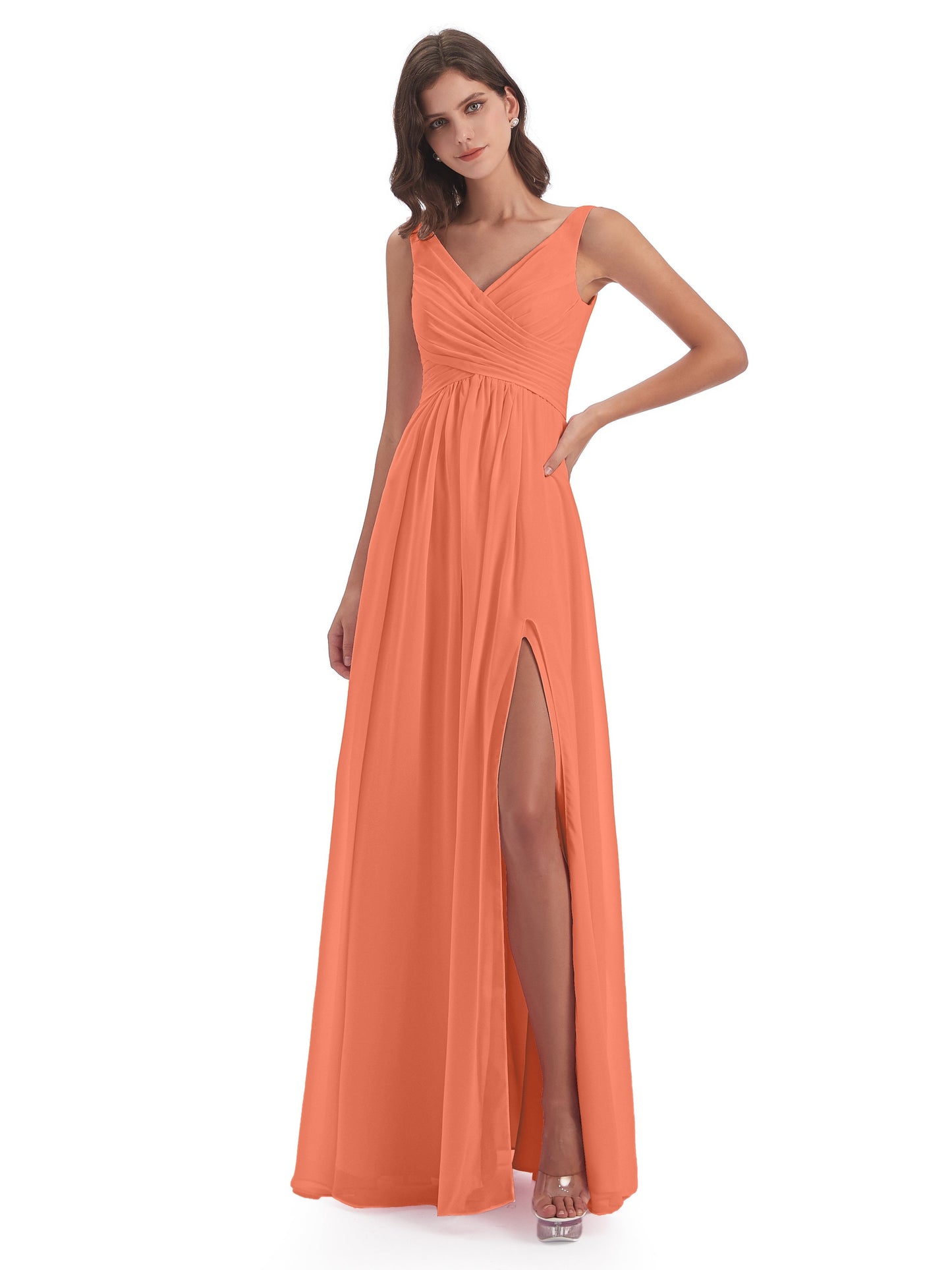 Jurnee Floor Length V-neck Ruched Chiffon Bridesmaid Dresses