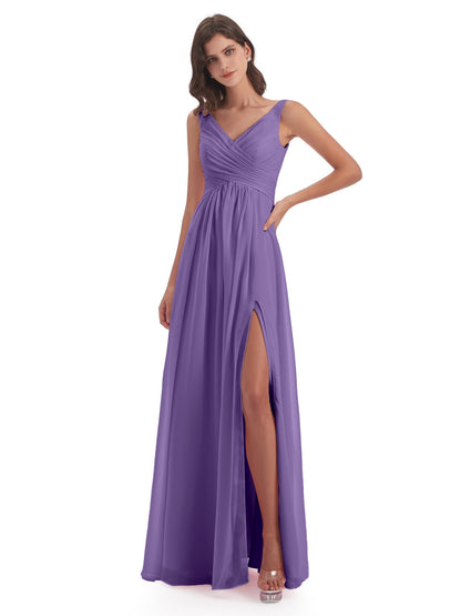 Jurnee Floor Length V-neck Ruched Chiffon Bridesmaid Dresses
