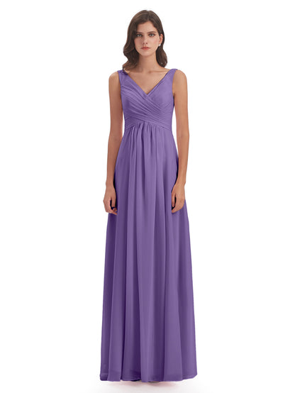 Jurnee Floor Length V-neck Ruched Chiffon Bridesmaid Dresses