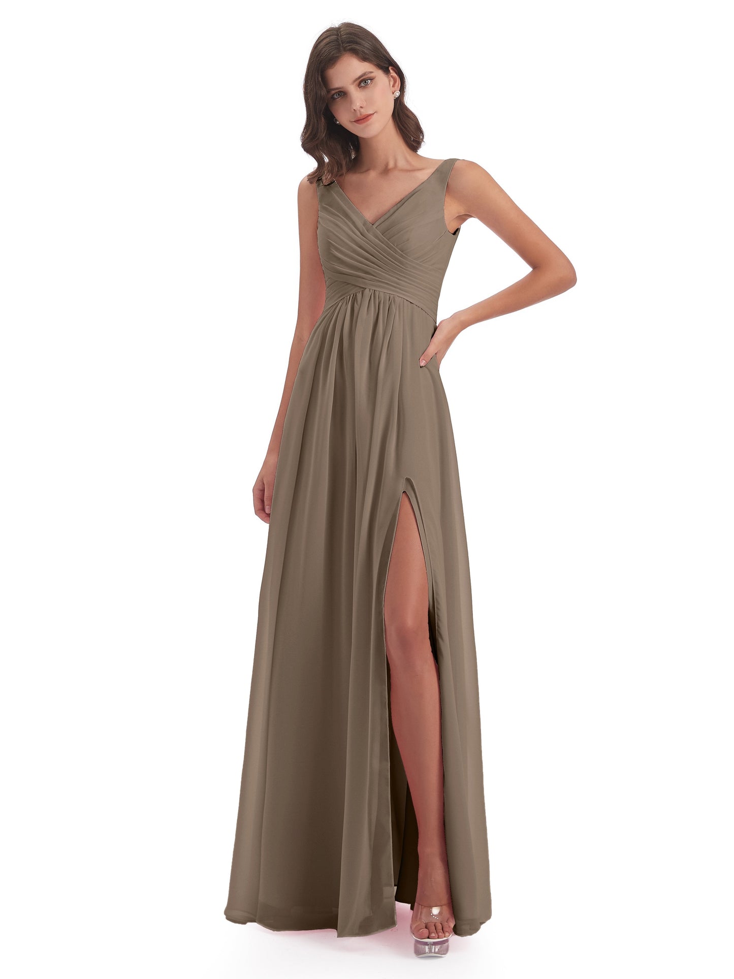Jurnee Floor Length V-neck Ruched Chiffon Bridesmaid Dresses