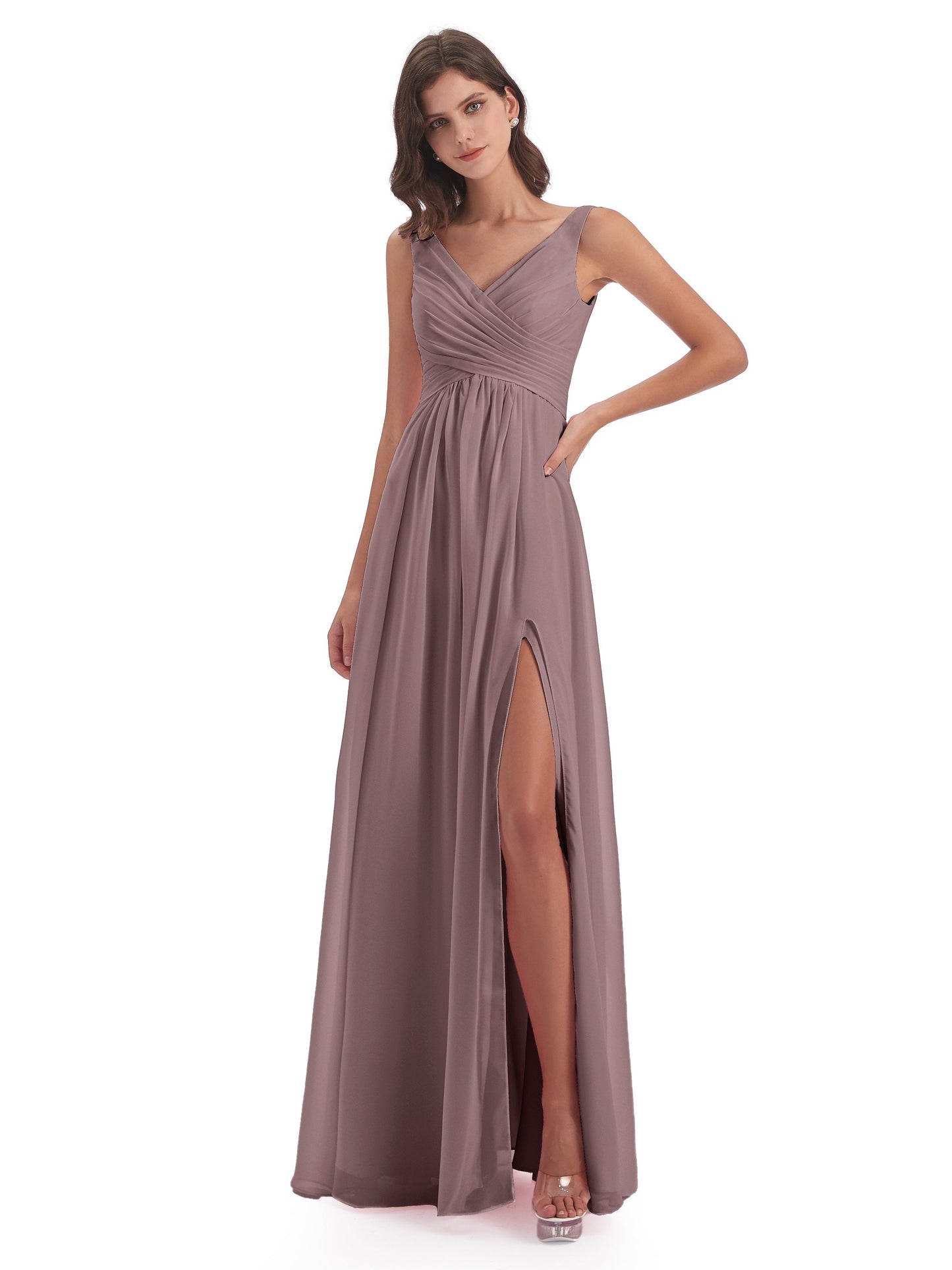 Jurnee Floor Length V-neck Ruched Chiffon Bridesmaid Dresses