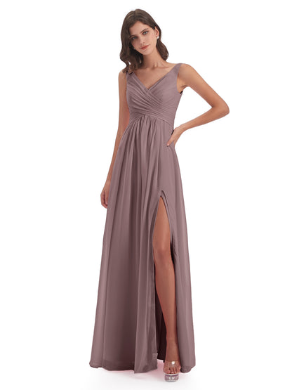 Jurnee Floor Length V-neck Ruched Chiffon Bridesmaid Dresses