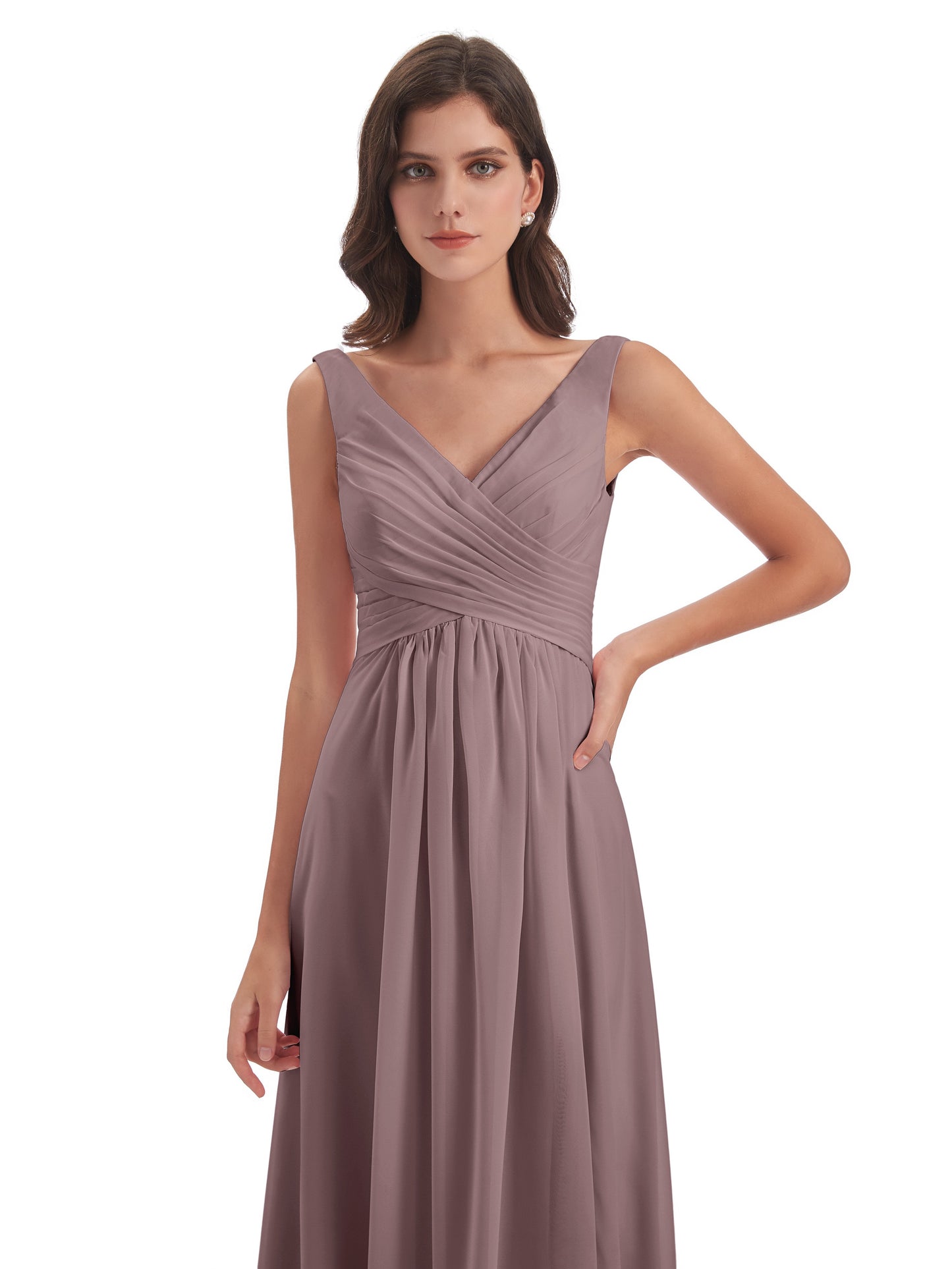 Jurnee Floor Length V-neck Ruched Chiffon Bridesmaid Dresses