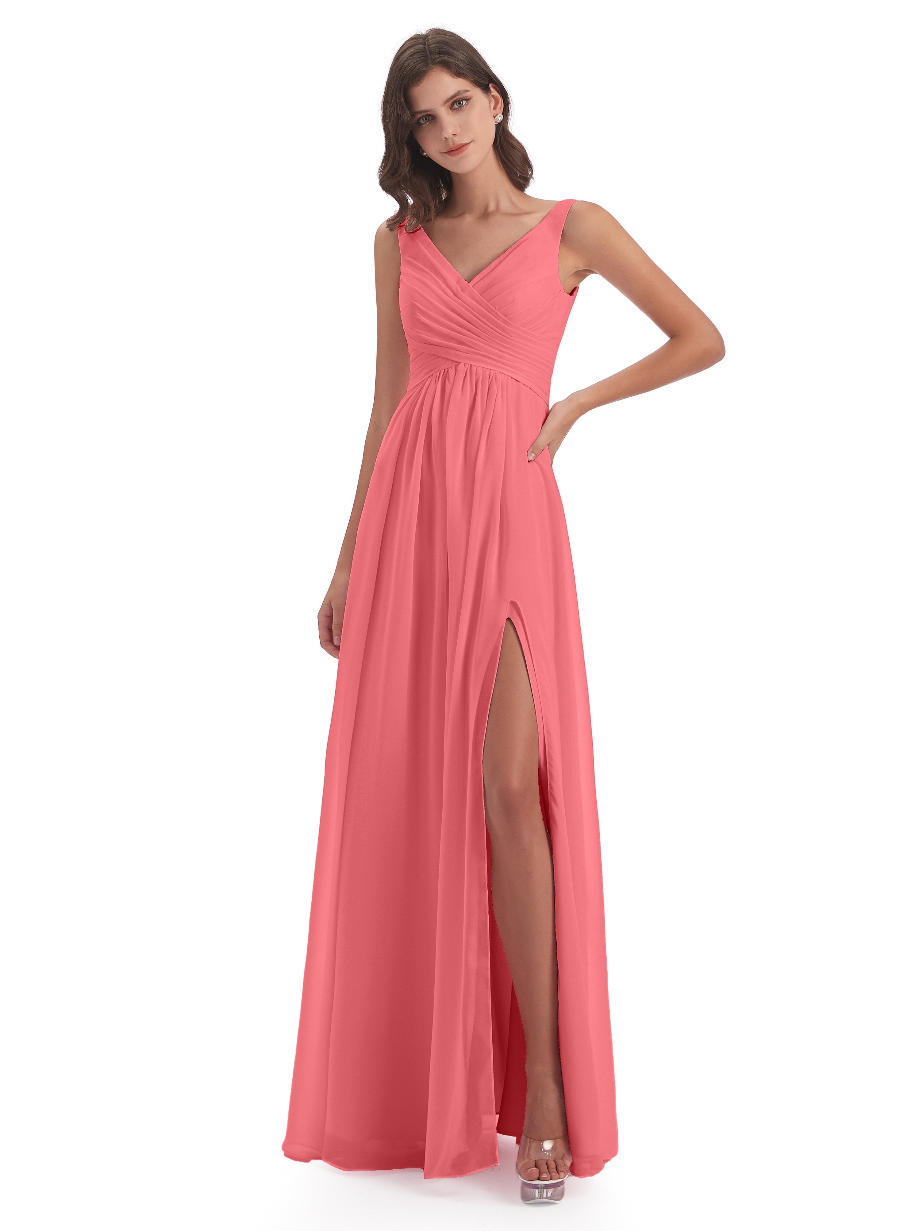 Jurnee Floor Length V-neck Ruched Chiffon Bridesmaid Dresses