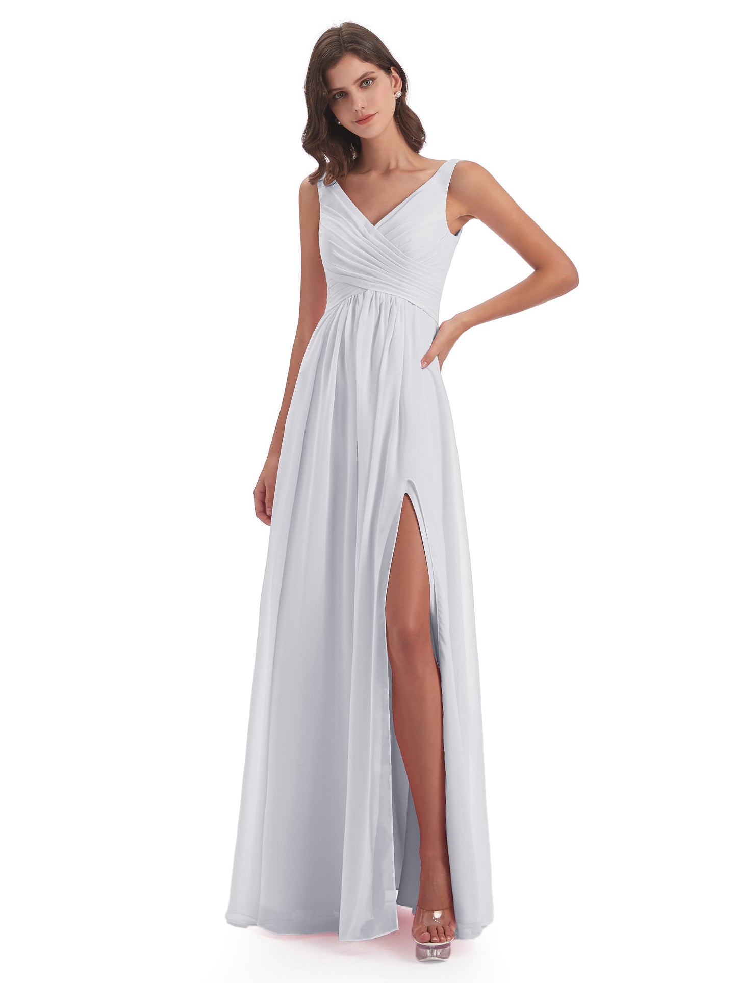 Jurnee Floor Length V-neck Ruched Chiffon Bridesmaid Dresses