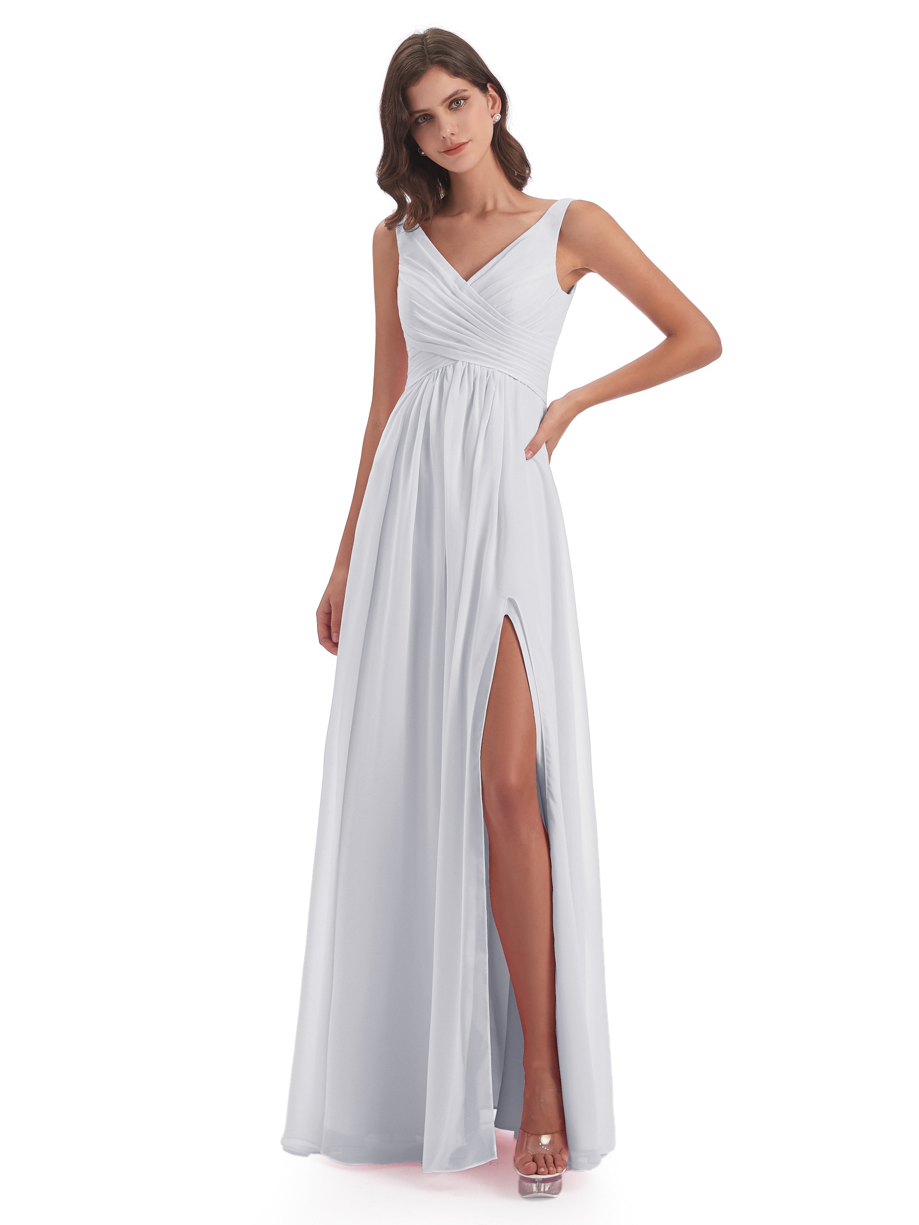 Jurnee Floor Length V-neck Ruched Chiffon Bridesmaid Dresses